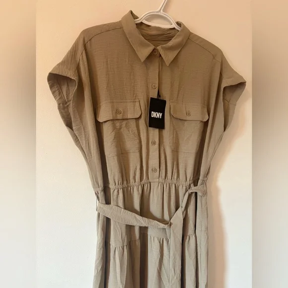 NWT DKNY Khaki Tiered Button Down Tie Waist Midi Dress Sz 12 - Picture 8 of 9